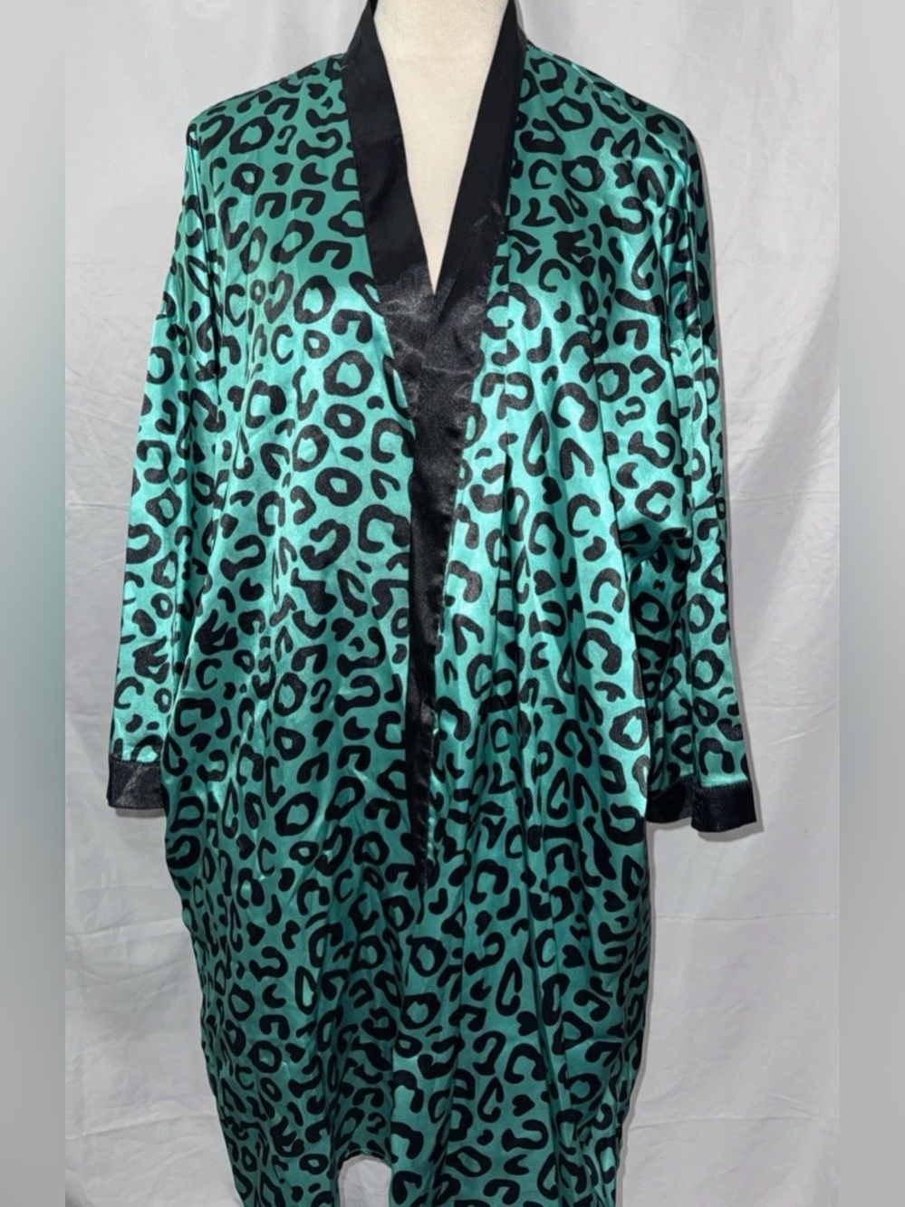 Teal Leopard Satin Kimono Coat with Black Trim